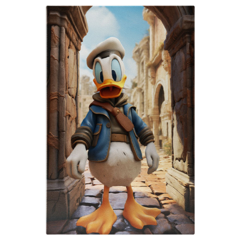 Personaje Desene Animate - Tablou Canvas:  Turistul Donald Duck care Viziteaza Cladirile Antice de Piatra cu Vesta Albastra  Pictura Digitala 40x25CM