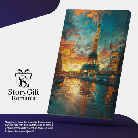 Tablou Canvas:  Turnul Eiffel Pictat cu Apus și Culori Calde în Cadru cu Apă- Artă și Desen Pictura Digitala 40x25CM [4]