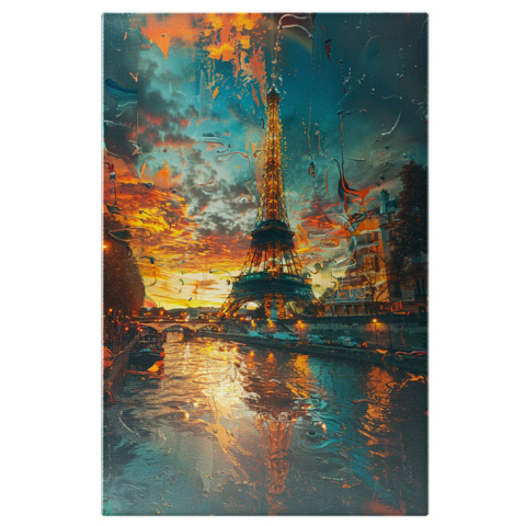 Abstract - Tablou Canvas:  Turnul Eiffel Pictat cu Apus și Culori Calde în Cadru cu Apă- Artă și Desen Pictura Digitala 40x25CM
