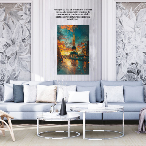 Tablou Canvas:  Turnul Eiffel Pictat cu Apus și Culori Calde în Cadru cu Apă- Artă și Desen Pictura Digitala 40x25CM [1]