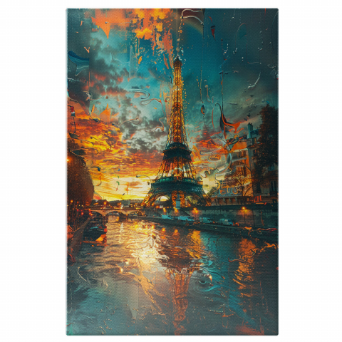 Atracții Turistice - Turnul Eiffel Pictat cu Apus și Culori Calde în Cadru cu Apă, Marime 40x25CM