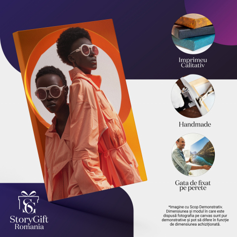 Two African People with Glasses and Curly Hair in Colorful Jumpsuits Next to an Orange Background – Digital Art, Marime 40x25CM [1]