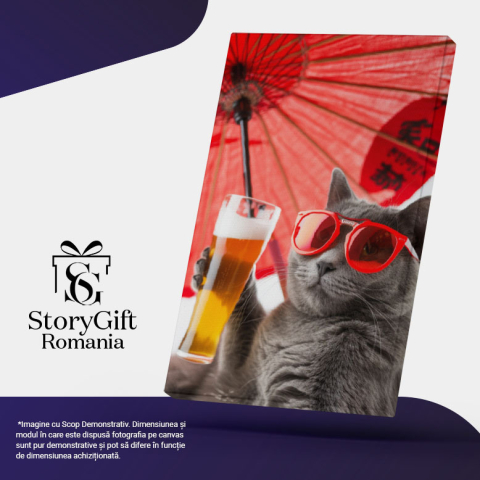 Tablou Canvas Umbrela Roșie Chinezească Apără de Insolație pe Motanul Korat , Pictura Digitala 40x25CM [4]