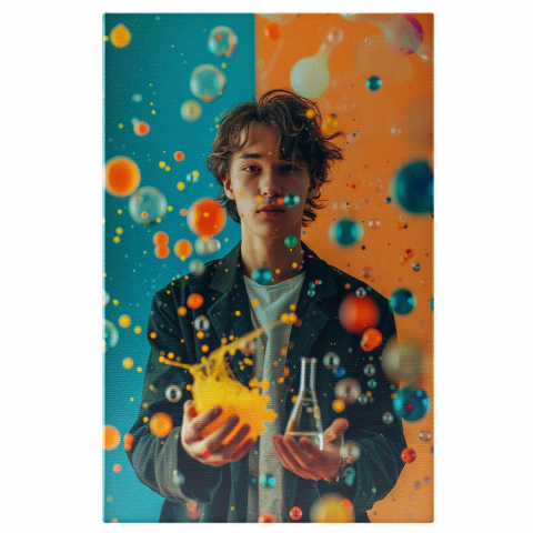 Băiat cu Bule Colorate și Eprubetă - Experiment Artistic în Pictura Digitală, Marime 40x25CM