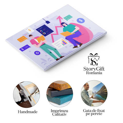 Tablou Canvas Un Barbat in Camasa Roz si Pantaloni Verzi si o Femeie care Verifica Monitorizarea Cresterea Profitului 40x25CM [1]