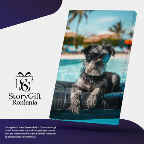 Tablou Canvas Un Border Terrier Adorabil în Negru și Alb se Relaxează pe Salteaua de Apă în Piscină , Pictura Digitala 40x25CM [4]