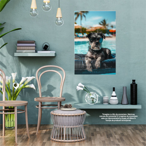 Tablou Canvas Un Border Terrier Adorabil în Negru și Alb se Relaxează pe Salteaua de Apă în Piscină , Pictura Digitala 40x25CM [1]