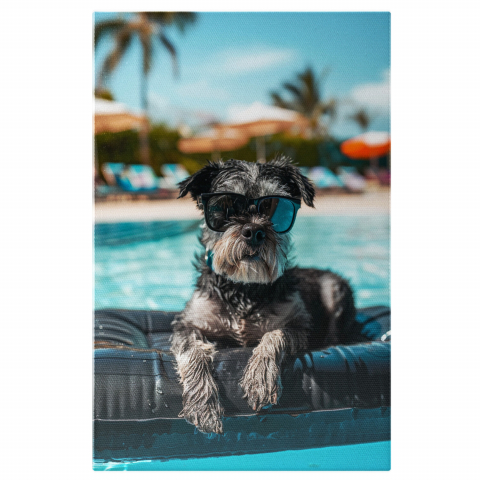 Câini - Tablou Canvas Border Terrier Relaxându-se pe Salteaua de Apă în Piscină, Marime 40x25CM