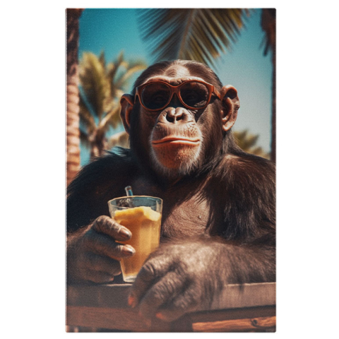 Animale - Tablou Canvas:  Un cimpanzeu vesel pe plaja - bautura ochelari relaxare Pictura Digitala 40x25CM