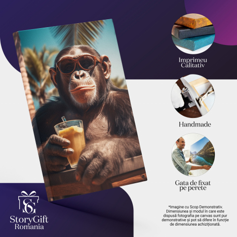 Tablou Canvas Cimpanzeu Vesel pe Plajă | Pictură Digitală Relaxantă, Marime 40x25CM [1]