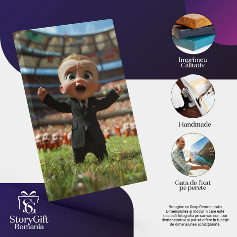 Tablou Canvas:  Un  Copil la  Costum Pe un Stadion care Tipa - Desen  Animat Pictura Digitala 40x25CM [2]