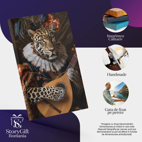artă decorativă cu animale exotice, leopard cântăreț, tablou canvas leopard, pictură digitală cu tematică muzicală, decor modern cu animale, artă originală, tablou cu tematică boemă, Marime 40x25CM [1]
