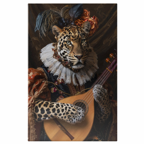 artă decorativă cu animale exotice, leopard cântăreț, tablou canvas leopard, pictură digitală cu tematică muzicală, decor modern cu animale, artă originală, tablou cu tematică boemă, Marime 40x25CM
