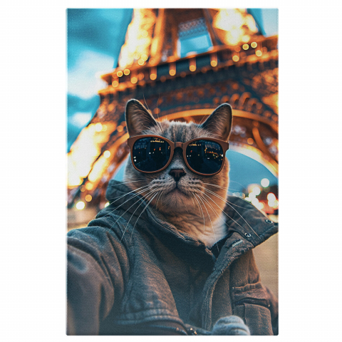 Atracții Turistice - Tablou Canvas Pisica Elegantă în Paris cu Ochelari de Soare, Marime 40x25CM