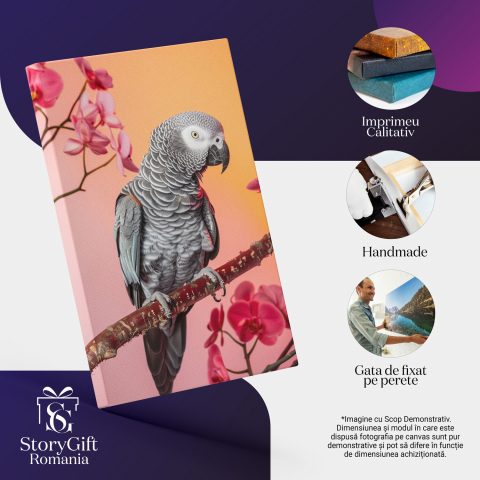 Papagal Gri cu Orhidee Parfumate - Pictură Digitală, Marime 40x25CM [1]