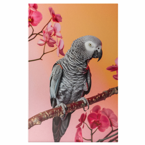 Păsări - Papagal Gri cu Orhidee Parfumate - Pictură Digitală, Marime 40x25CM