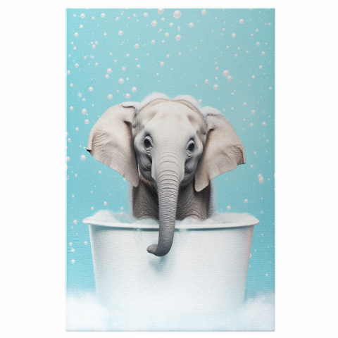 Tablouri Canvas - Tablou Canvas Pui de Elefant în Cadită cu Spumă | Artă Digitală Jucăușă, Marime 40x25CM