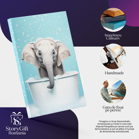 Tablou Canvas Pui de Elefant în Cadită cu Spumă | Artă Digitală Jucăușă, Marime 40x25CM [1]