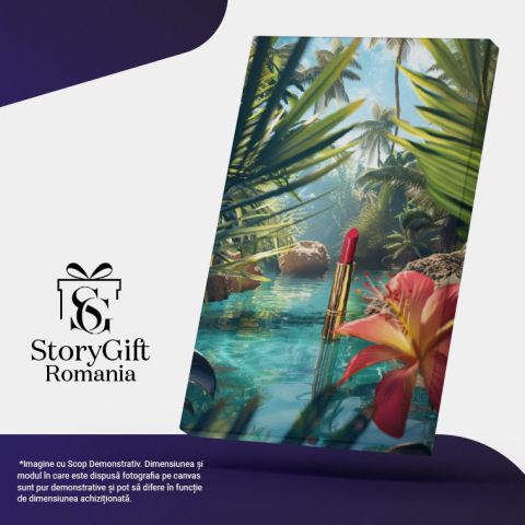 Tablou Canvas Un Ruj Roșu ce stă în Mijlocul Paradisului Acvatic Protejați de Palmieri Înalți , Pictura Digitala 40x25CM [4]