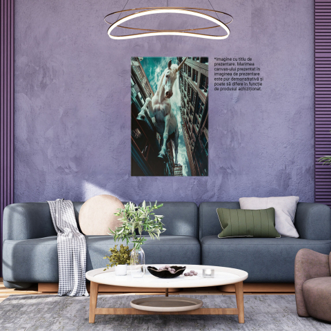 Tablou Canvas - Unicorn Alb Saltând Printre Blocuri, Cer Innorat, Marime 90x60CM [2]