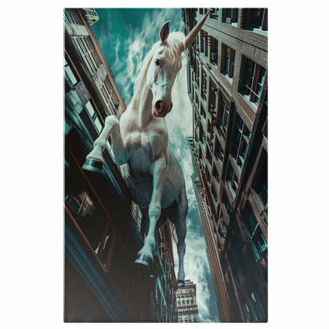 Animale - Tablou Canvas - Unicorn Alb Saltând Printre Blocuri, Cer Innorat, Marime 40x25CM