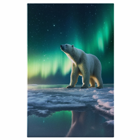 Tablou Canvas Urs Polar și Aurore Boreale la Polul Nord - Artă Digitală de Pictură, Marime 40x25CM