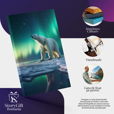 Tablou Canvas Urs Polar și Aurore Boreale la Polul Nord - Artă Digitală de Pictură, Marime 40x25CM [1]
