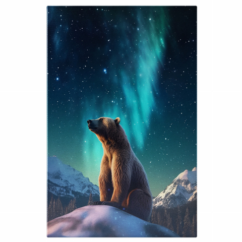 Munte - Urs pe Stâncă cu Aurore Boreale și Munți Împodobiți cu Zăpadă, Marime 40x25CM