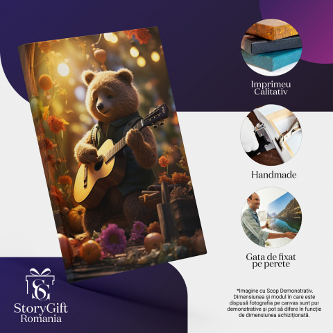Ursul Brun Cântând la Chitară în Natură - Pictură Digitală cu Flori, Marime 40x25CM [1]