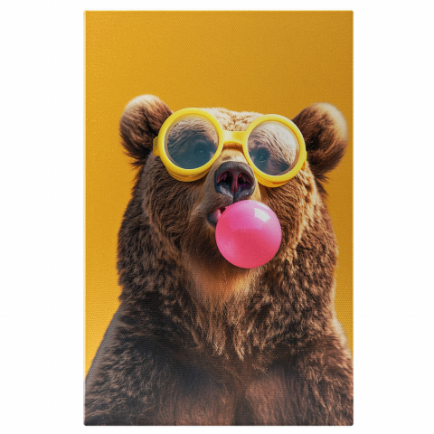 Tablou Canvas Ursul Grizzly Mestecând Gumă Roz și Purtați Ochelari Galbeni, Marime 40x25CM