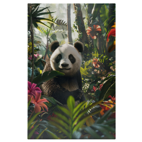 Animale - Tablou Canvas Ursul Panda Învăluit în Miros de Flori Terapie Olfactivă a Animalului cu Ochi Negri , Pictura Digitala 40x25CM
