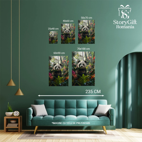 Tablou Canvas Ursul Panda Învăluit în Miros de Flori Terapie Olfactivă a Animalului cu Ochi Negri , Pictura Digitala 40x25CM [3]