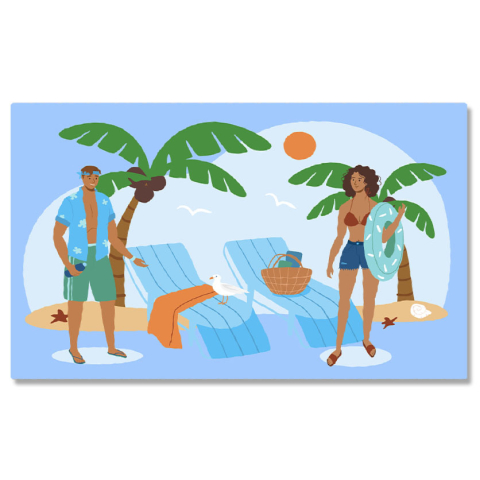 Plajă - Tablou Canvas Vacanta pe Plaja Pustie cu Palmieri si Sezlonguri Albastre, Femeie si un Barbat in Costume de Baie 40x25CM