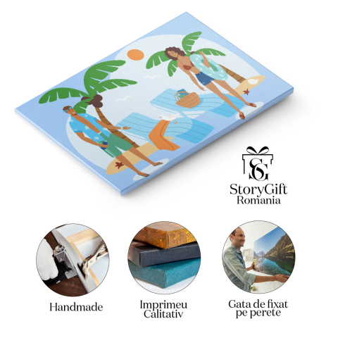 Tablou Canvas Vacanta pe Plaja Pustie cu Palmieri si Sezlonguri Albastre, Femeie si un Barbat in Costume de Baie 40x25CM [1]