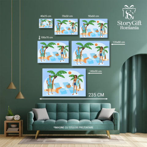 Tablou Canvas Vacanta pe Plaja Pustie cu Palmieri si Sezlonguri Albastre, Femeie si un Barbat in Costume de Baie 40x25CM [4]