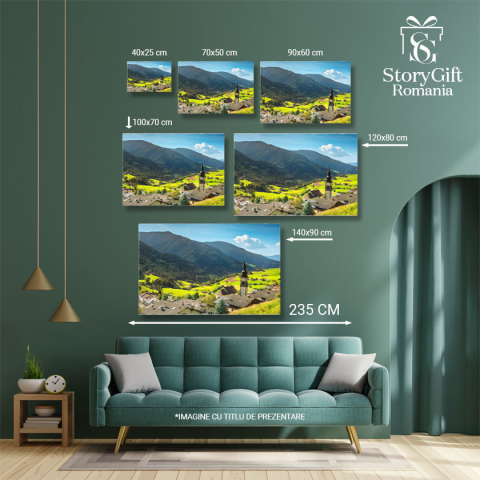 Tablou Canvas Valea Funes, Satul San Pietro si Biserica Funes, Vale, Peisaj Rural, San Pietro, Biserica. 2098 40x25CM [4]