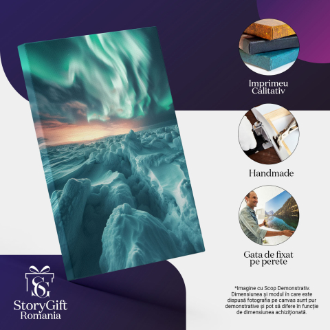 Tablou Canvas: Valuri Înghețate la Pol Frig și Iarnă Veșnică sub Aurora Boreală Peisaj Pictura Digitala 40x25CM [2]