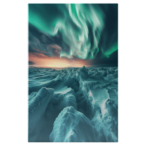 Aurora Boreală - Tablou Canvas: Valuri Înghețate la Pol Frig și Iarnă Veșnică sub Aurora Boreală Peisaj Pictura Digitala 40x25CM