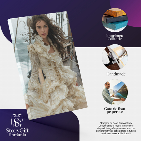 Fata Tânără în Rochie Medievală Albă pe Vapor - Pictură Digitală, Marime 40x25CM [1]