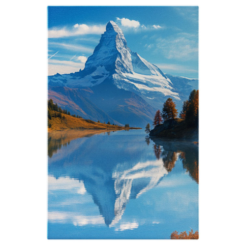 Apă & Natură - Tablou Canvas: Vârful de Neatins Brazii Aplecați la Poalele Munților Necuceriți Cer Senin Pictura Digitala 40x25CM