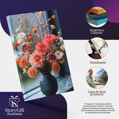 Tablou Canvas  Vaza Neagra Plina de Flori Parfumate si Frumos Colorate pe Pervazul Ferestrei cu Priveliste catre Gradina , Pictura Digitala 40x25CM [2]