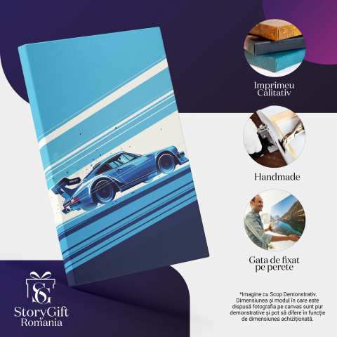 Tablou Canvas Mașină Albastră pe Linii Desenate, Marime 40x25CM [1]