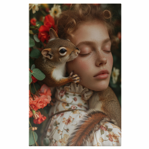 „Tablou Canvas Veverița Domestică și Fata cu Pistrui în Rochie cu Guler și Grădină cu Pereți Florali”, Marime 40x25CM