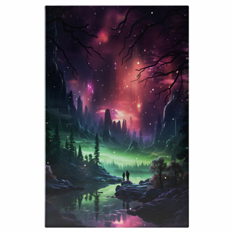 Aurora Boreală - Tablou Canvas - Vedere Aurora Boreală Între Stânci: Cer Strălucitor, Marime 40x25CM