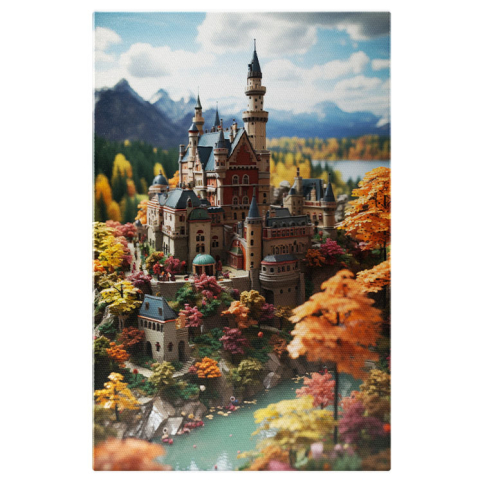 Abstract - Tablou Canvas: View castel in padure intre munti basme rau albastru basme Pictura Digitala 40x25CM