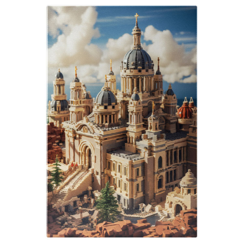 Diverse - Tablou Canvas: View catedrala nuante albastre rasarit de soare copaci colorati Pictura Digitala 40x25CM