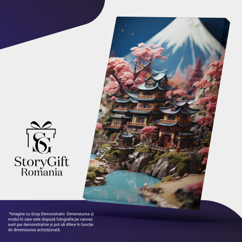 Tablou Canvas - Vedere Clădire Stil Asiatic LEGO Între Copacii Roz, Marime 40x25CM [3]