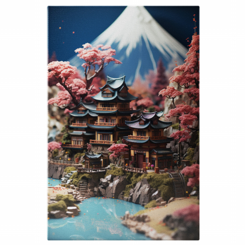 Peisaj - Tablou Canvas - Vedere Clădire Stil Asiatic LEGO Între Copacii Roz, Marime 40x25CM