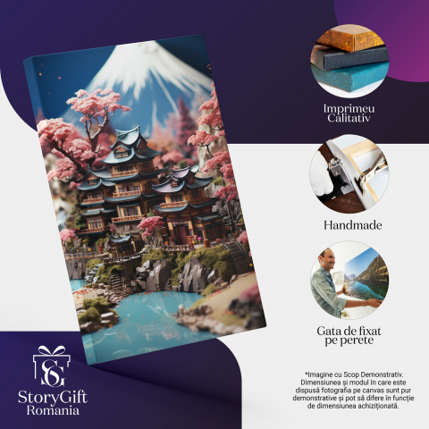 Tablou Canvas - Vedere Clădire Stil Asiatic LEGO Între Copacii Roz, Marime 40x25CM [1]