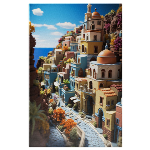 Oraș - Tablou Canvas: View macheta mininatura oras colorat langa mare cer  senin Pictura Digitala 40x25CM